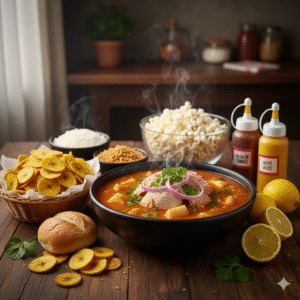 13 el encebollado con sus acompañantes toppings, canguil